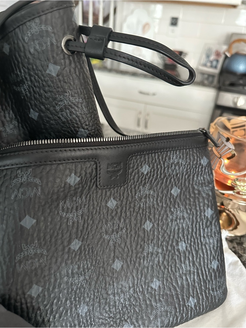 MCM Black Visetos Reversible Tote with Blue Interior and Matching Pouch - Picture 3 of 8